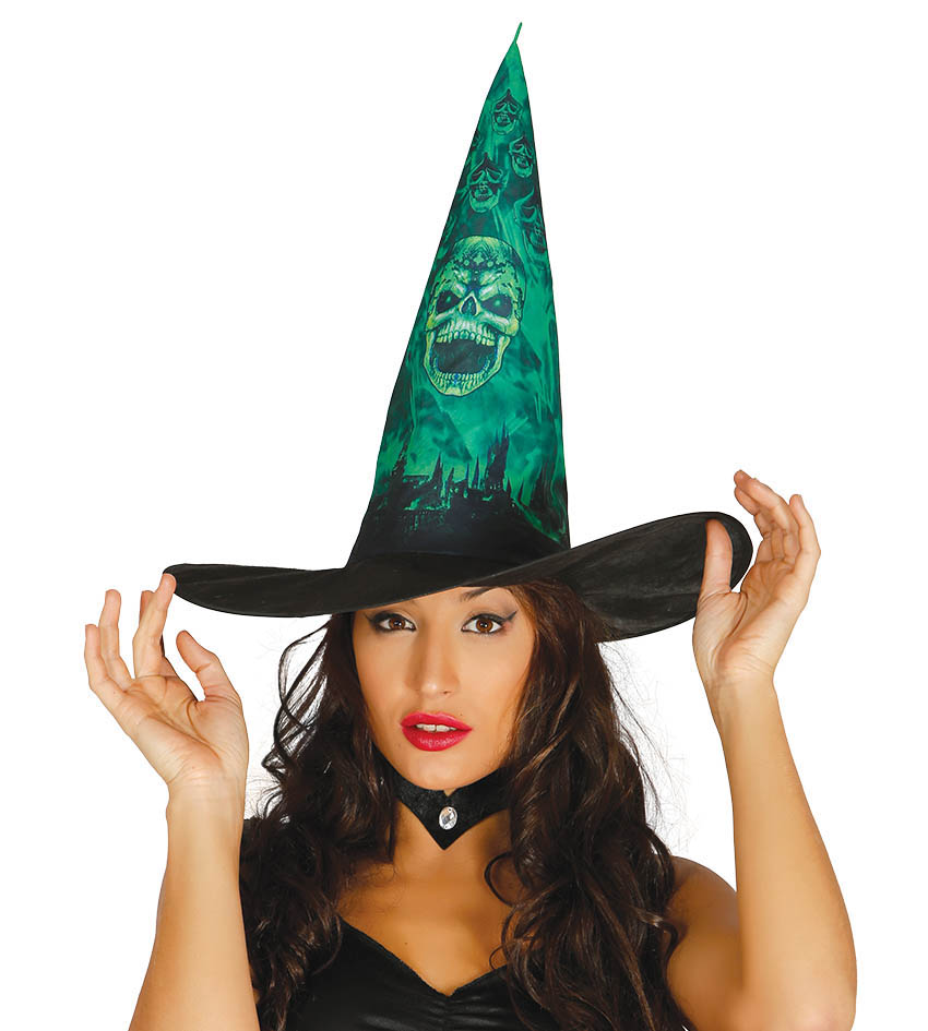 Witches Hat - Black with Green Skull