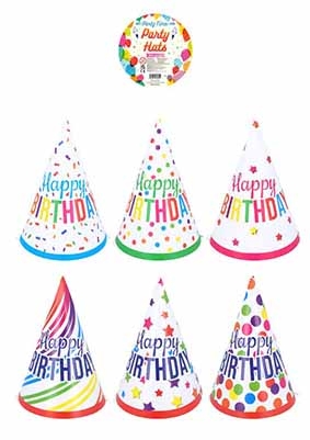 Happy Birthday Cone Hats (6 assorted colours)